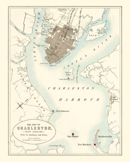 Vintage Map of Charleston, South Carolina, 1857 Wall Art