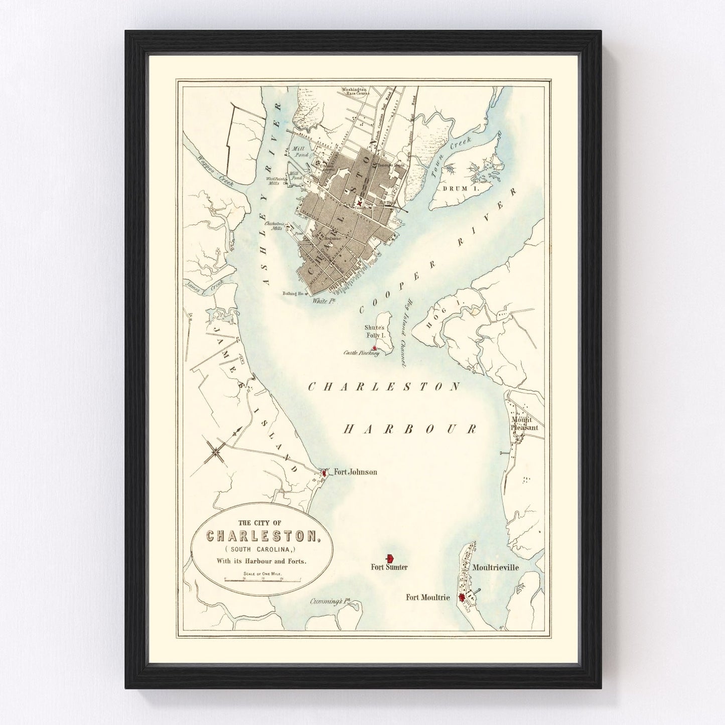 Vintage map of Charleston, South Carolina, 1857, digitally restored antique cartographic print