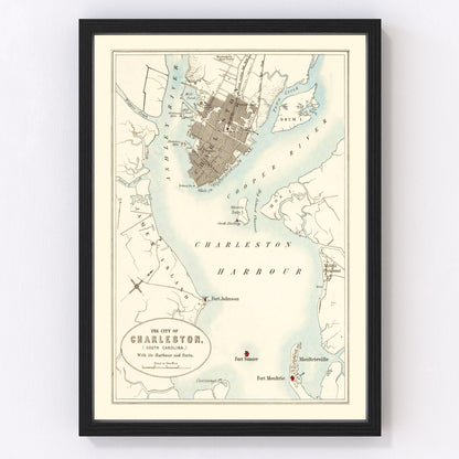 Vintage map of Charleston, South Carolina, 1857, digitally restored antique cartographic print