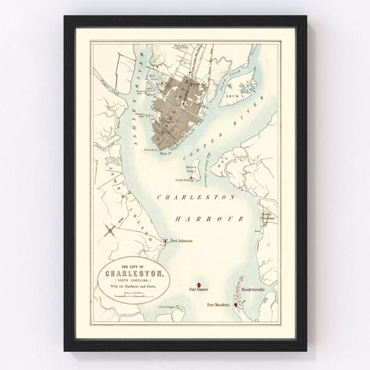 Vintage map of Charleston, South Carolina, 1857, digitally restored antique cartographic print