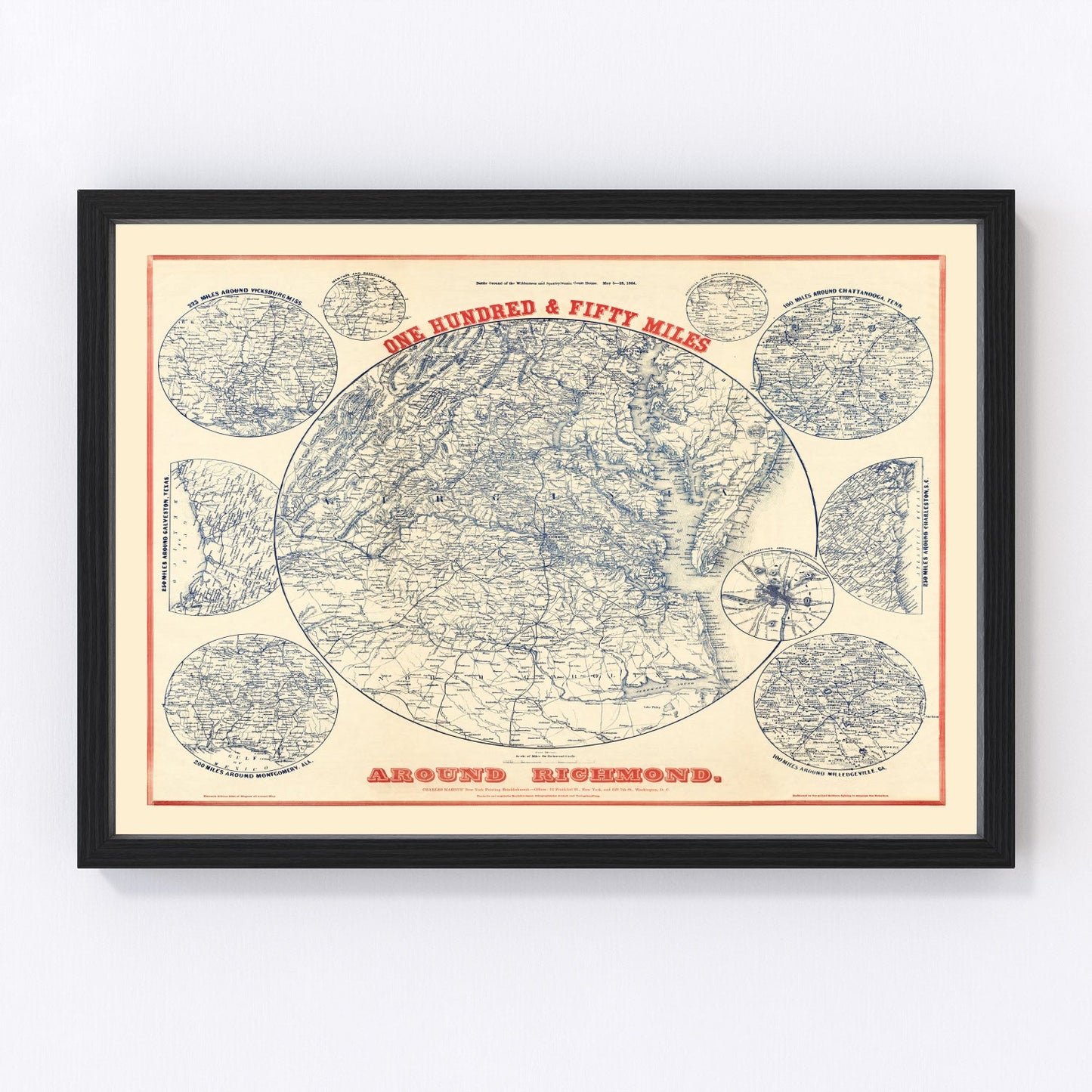 vintage map of the Richmond, Virginia region, 1864