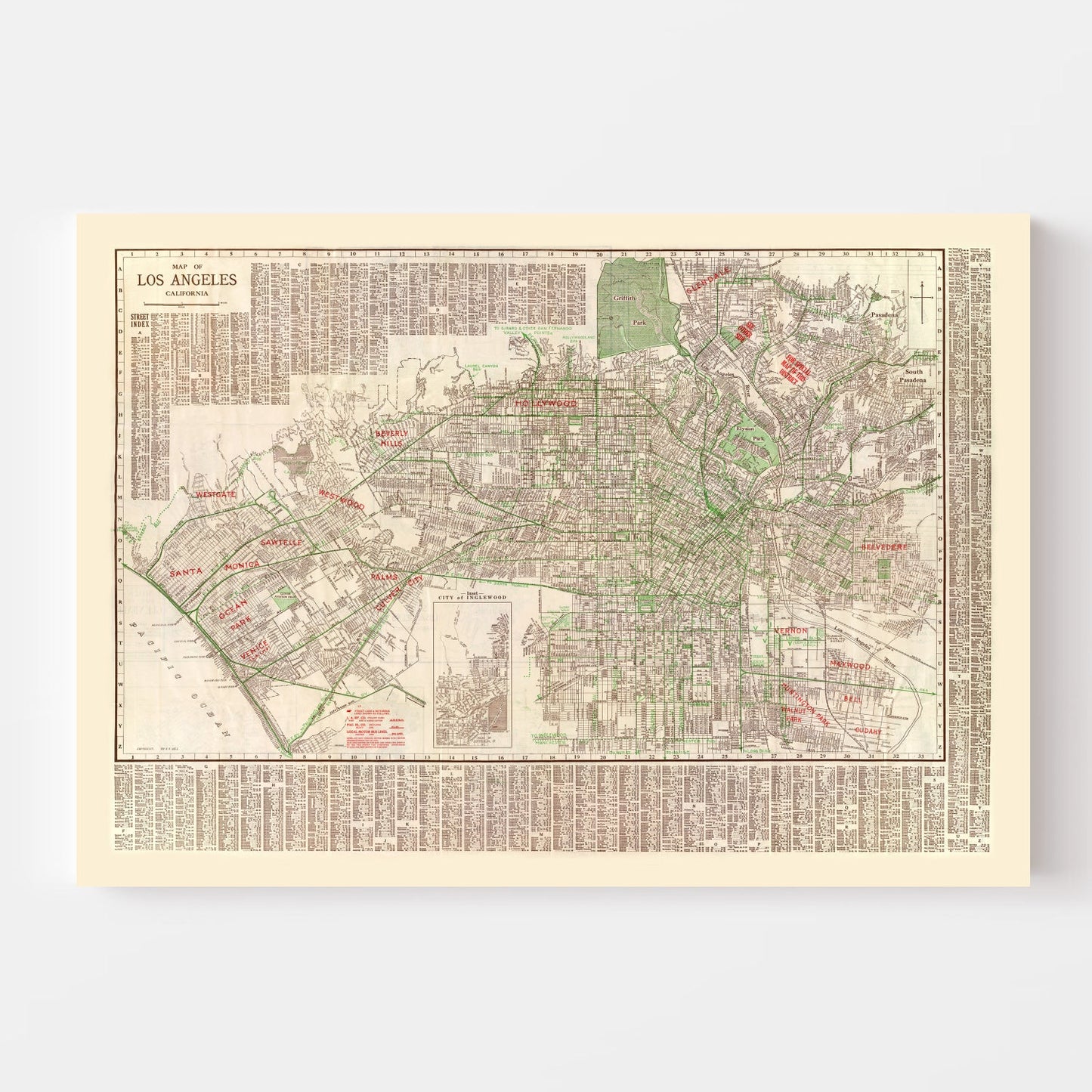 Vintage Map of Los Angeles, California, 1928