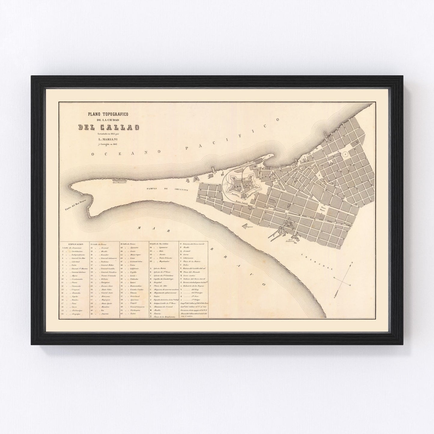Vintage map of Callao, Peru, 1865, Pacific port city restored print