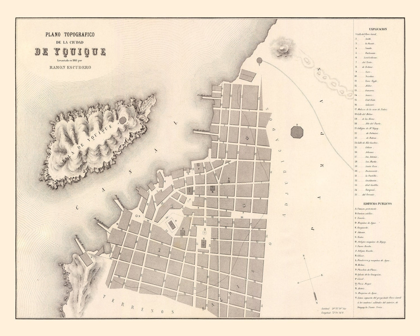 Vintage Map of Iquique, Chile, 1865