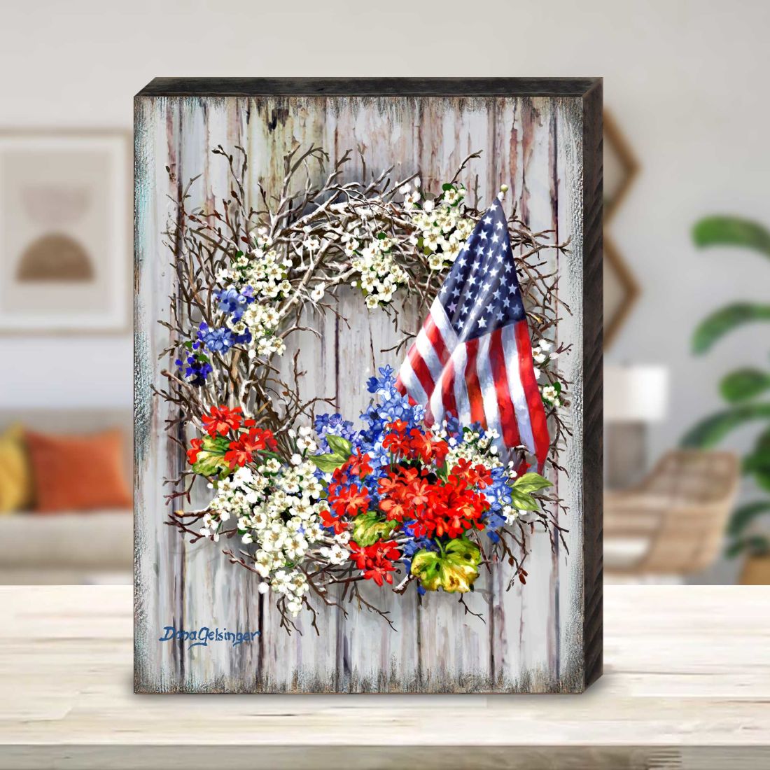 Patriotic American wreath wood wall art with stars and stripes, handcrafted and ready to hang