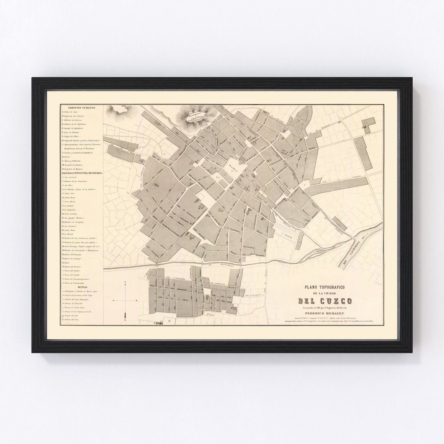 Vintage map of Cuzco, Peru, 1865