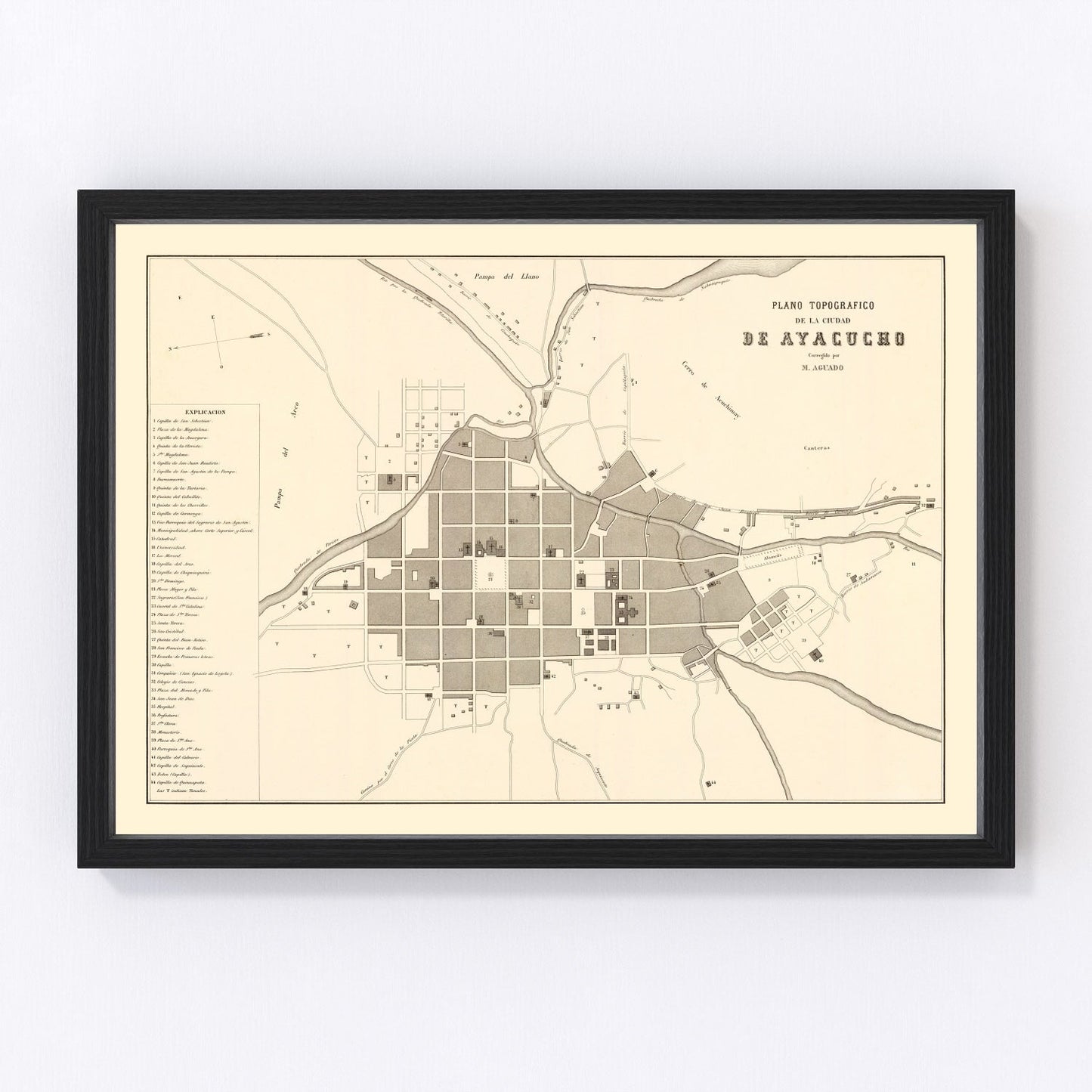 Vintage map of Ayacucho, Peru Andean city, 1865