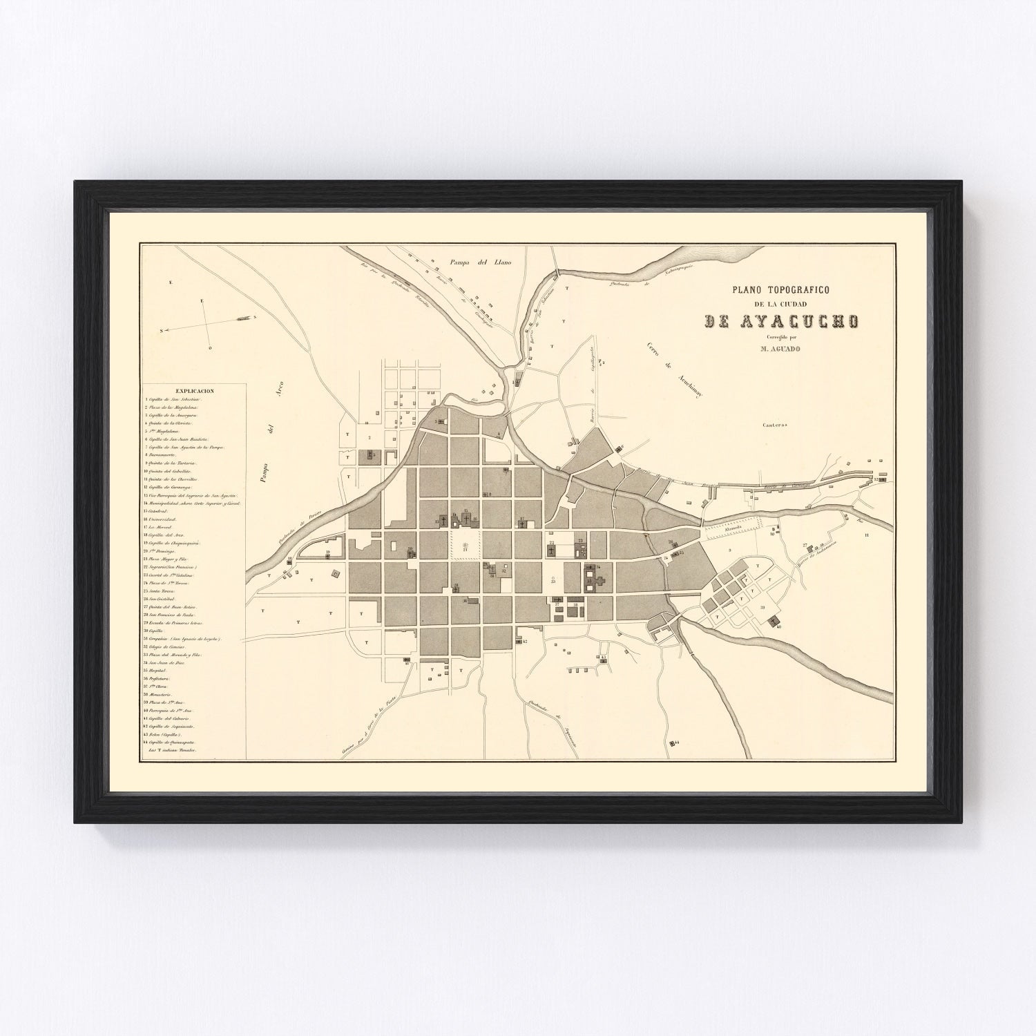 Vintage map of Ayacucho, Peru Andean city, 1865