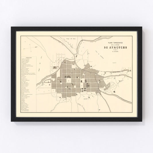 Vintage map of Ayacucho, Peru Andean city, 1865