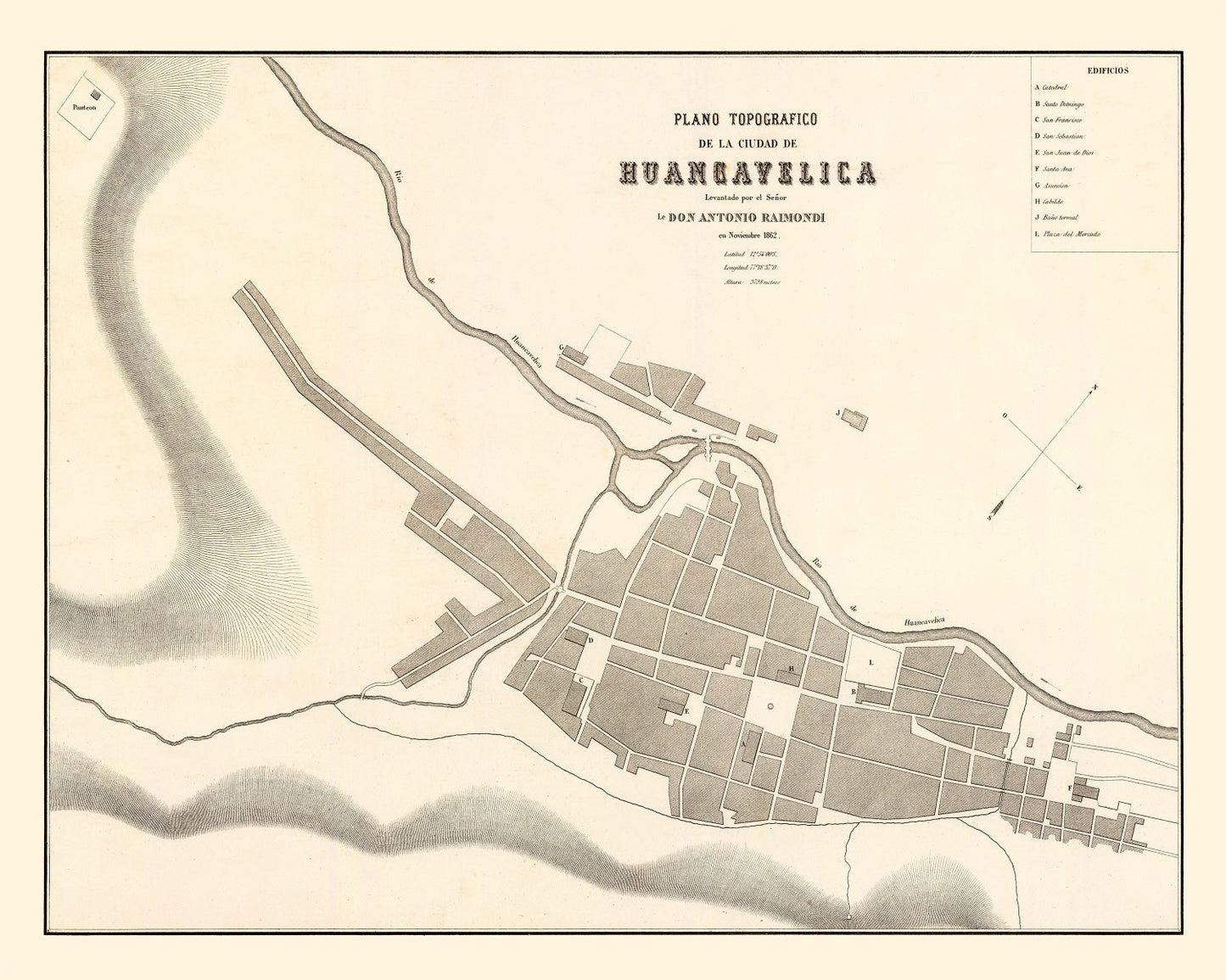 Vintage Map of Huancavelica, Peru, 1865