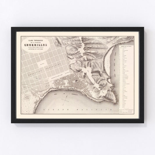 Vintage map of Chorrillos, Peru, 1865