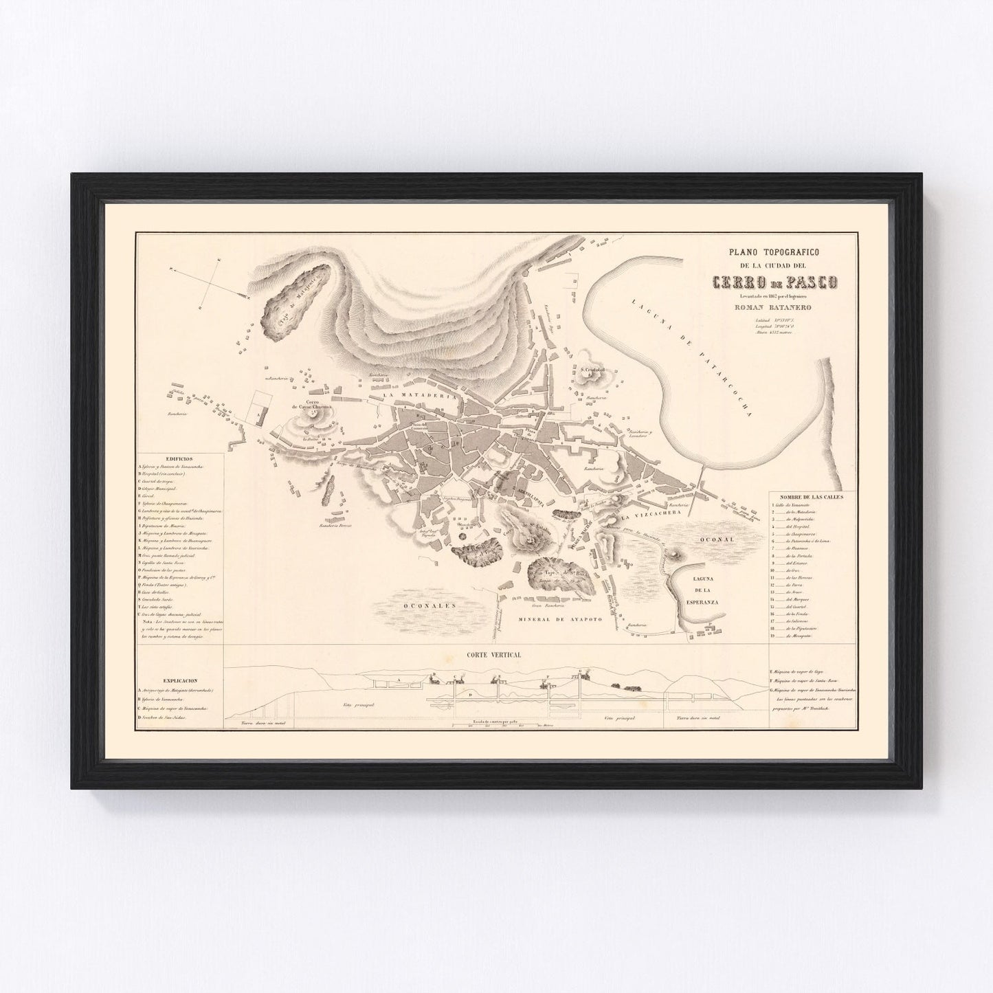 Vintage map of Cerro de Pasco, Peru, 1865, restored vintage wall art print