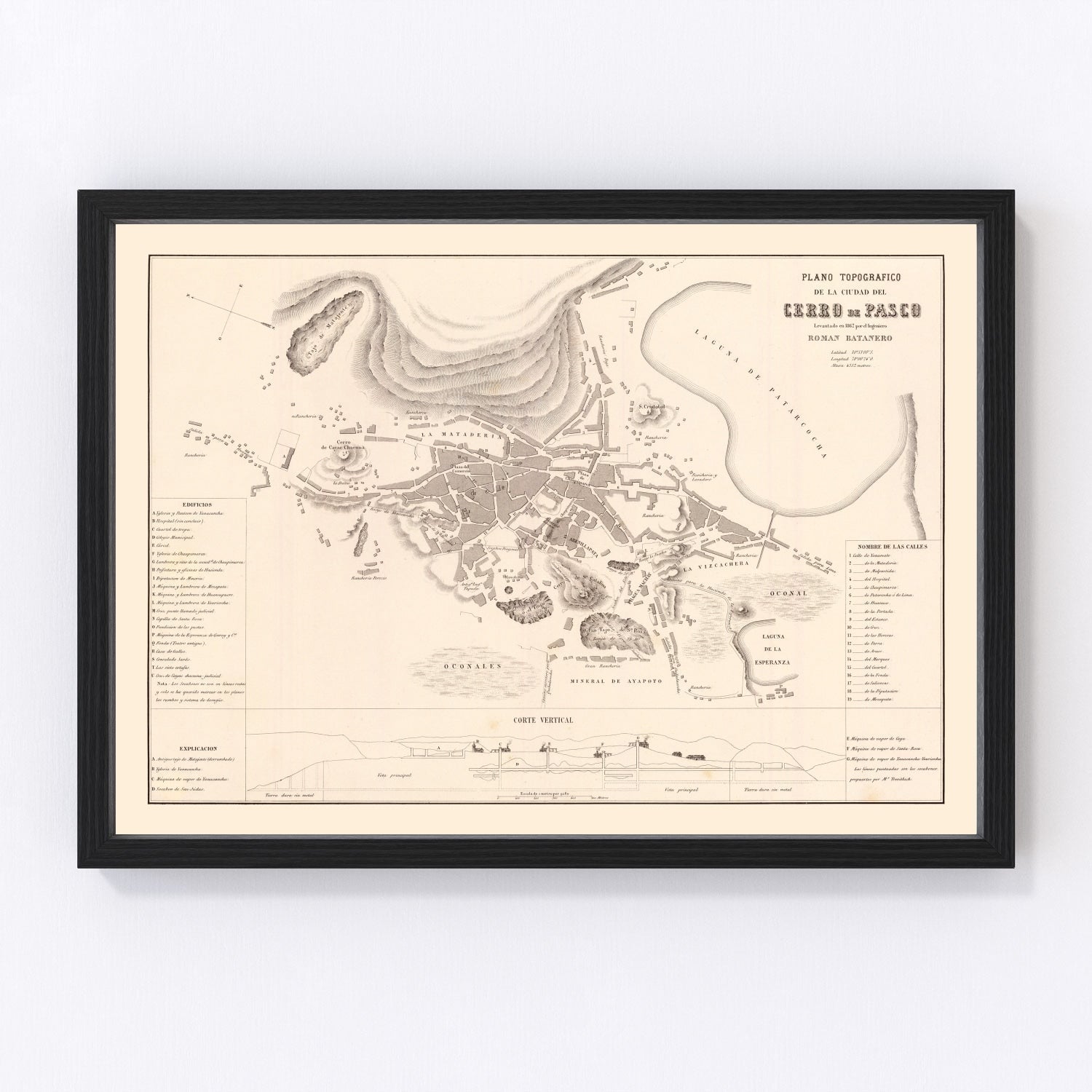 Vintage map of Cerro de Pasco, Peru, 1865, restored vintage wall art print