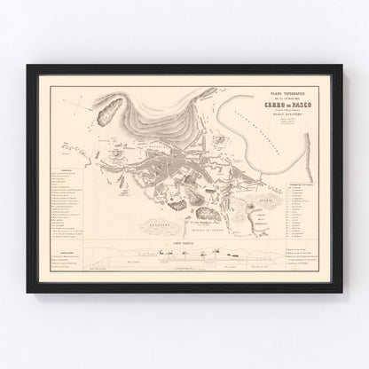 Vintage map of Cerro de Pasco, Peru, 1865, restored vintage wall art print