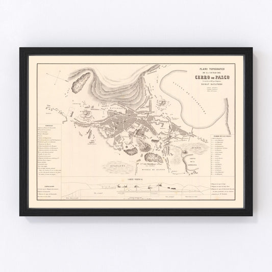 Vintage map of Cerro de Pasco, Peru, 1865, restored vintage wall art print