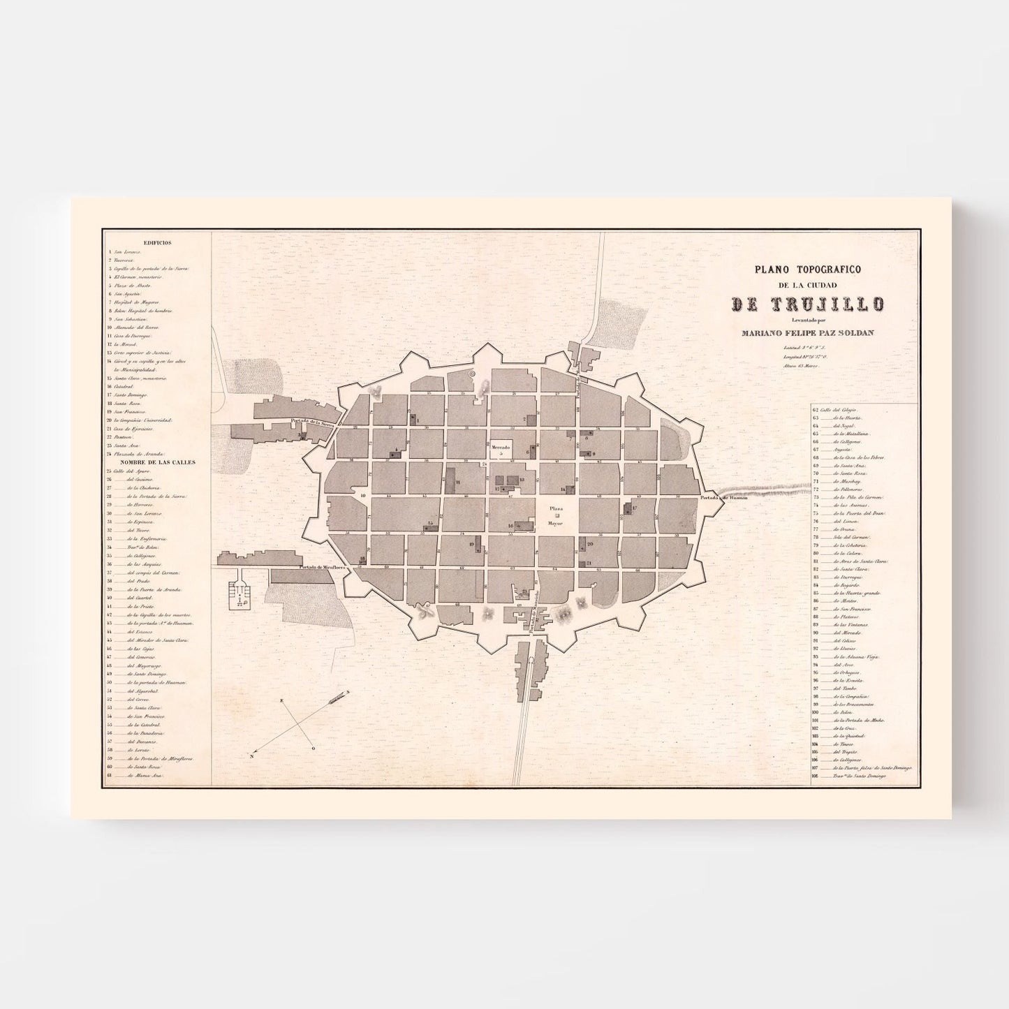 Vintage Map of Trujillo, Peru, 1865