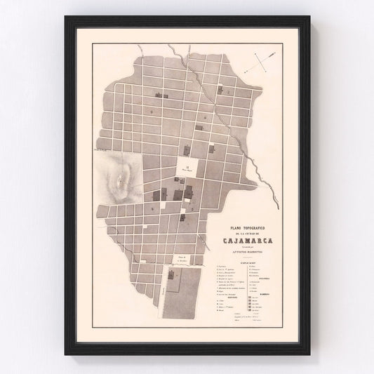 Vintage map of Cajamarca, Peru, 1865, Andean city restored print