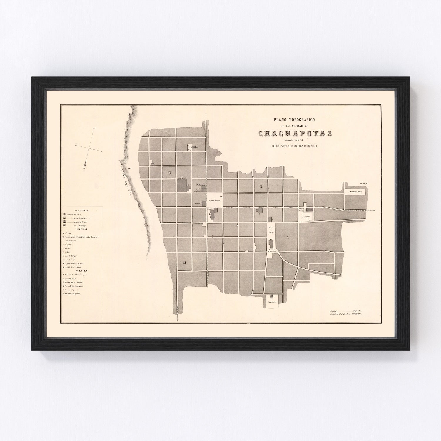 Vintage map of Chachapoyas, Peru, 1865, restored vintage wall art print