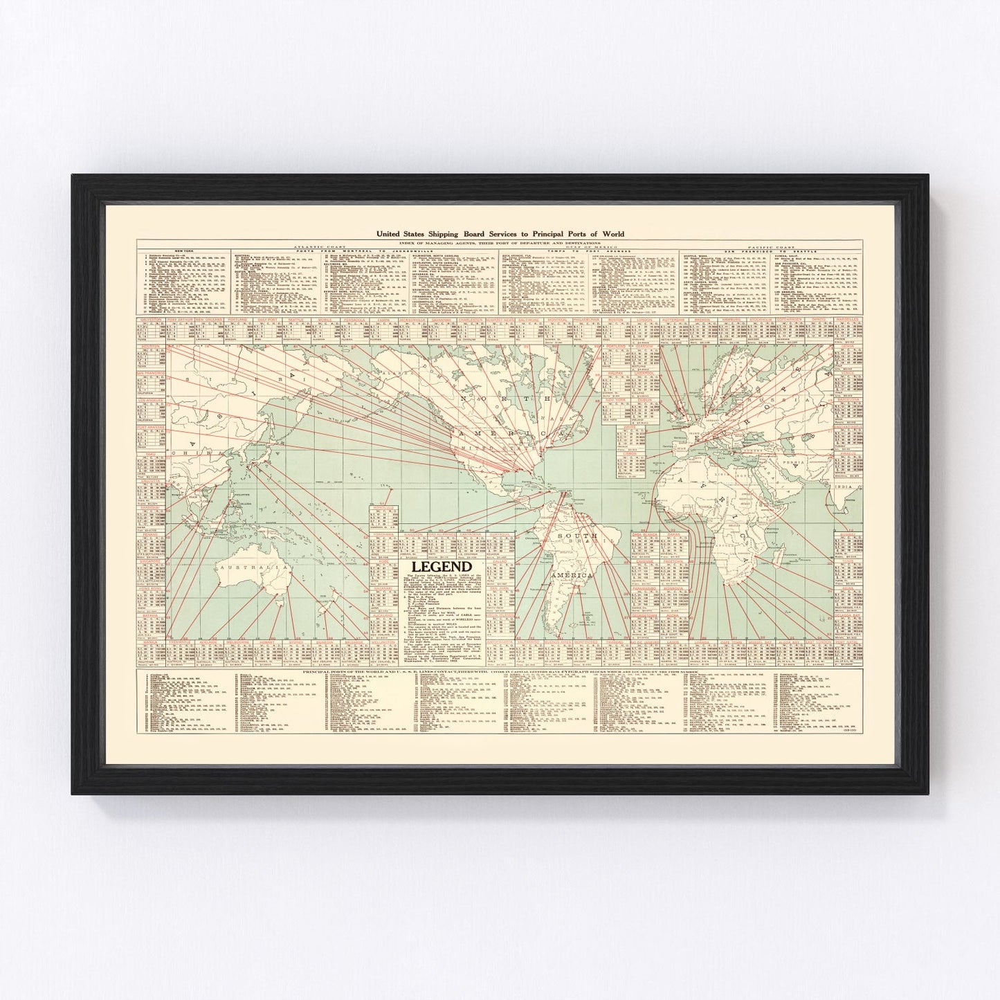 Shipping map of the world, 1923, digitally restored vintage maritime print