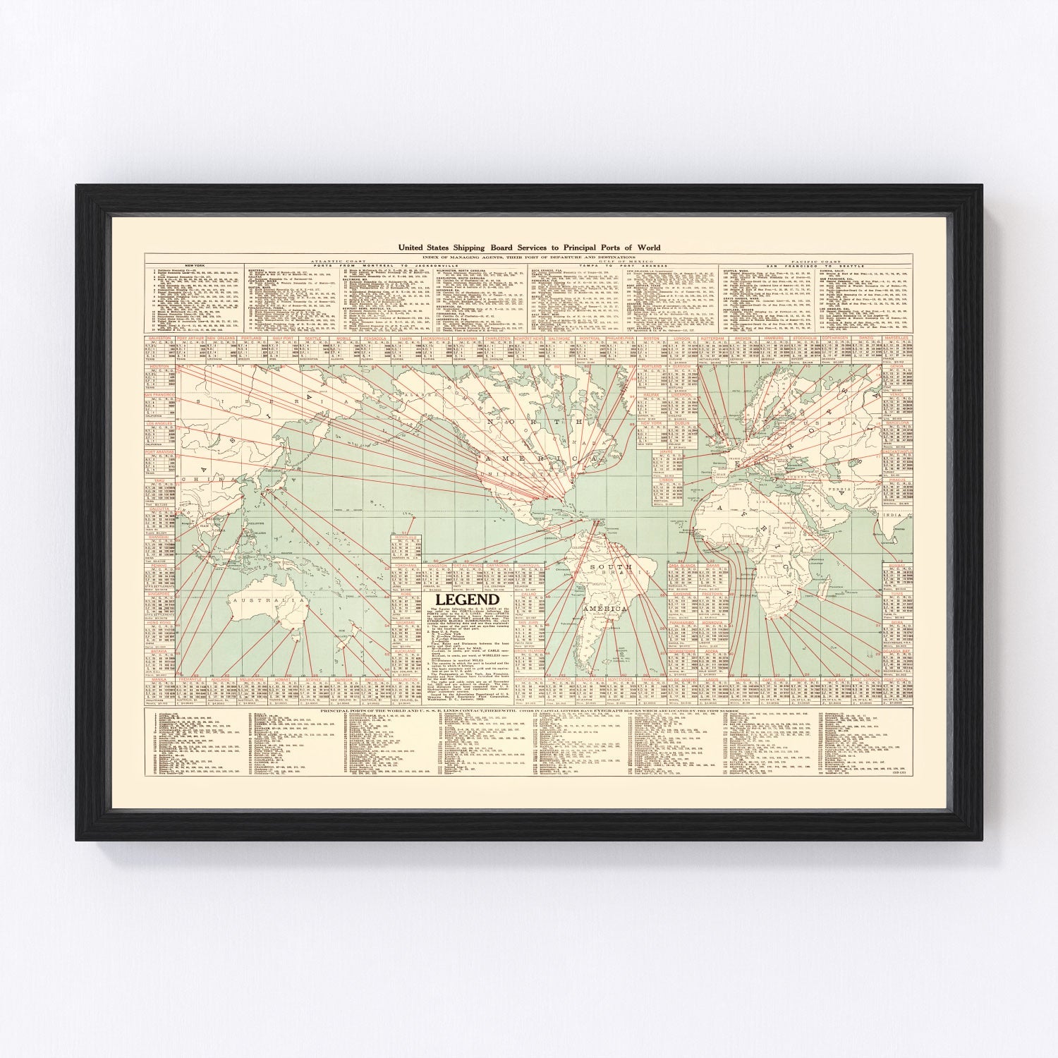 Shipping map of the world, 1923, digitally restored vintage maritime print