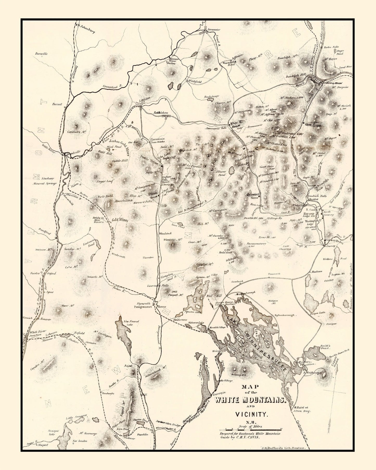 Vintage Map of the White Mountains, New Hampshire 1872