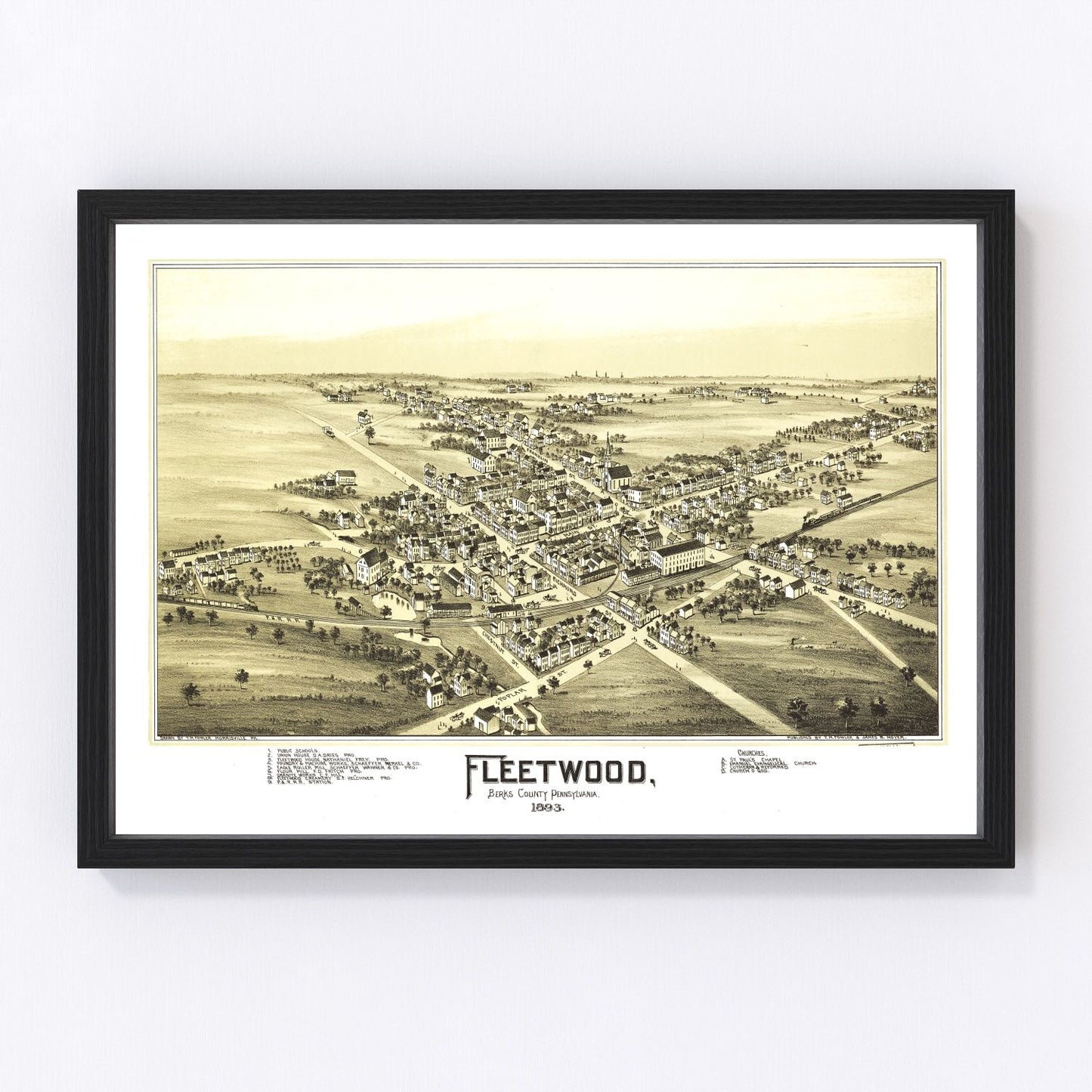 Vintage restored map of Fleetwood, Pennsylvania, 1897, Berks County Dutch Country