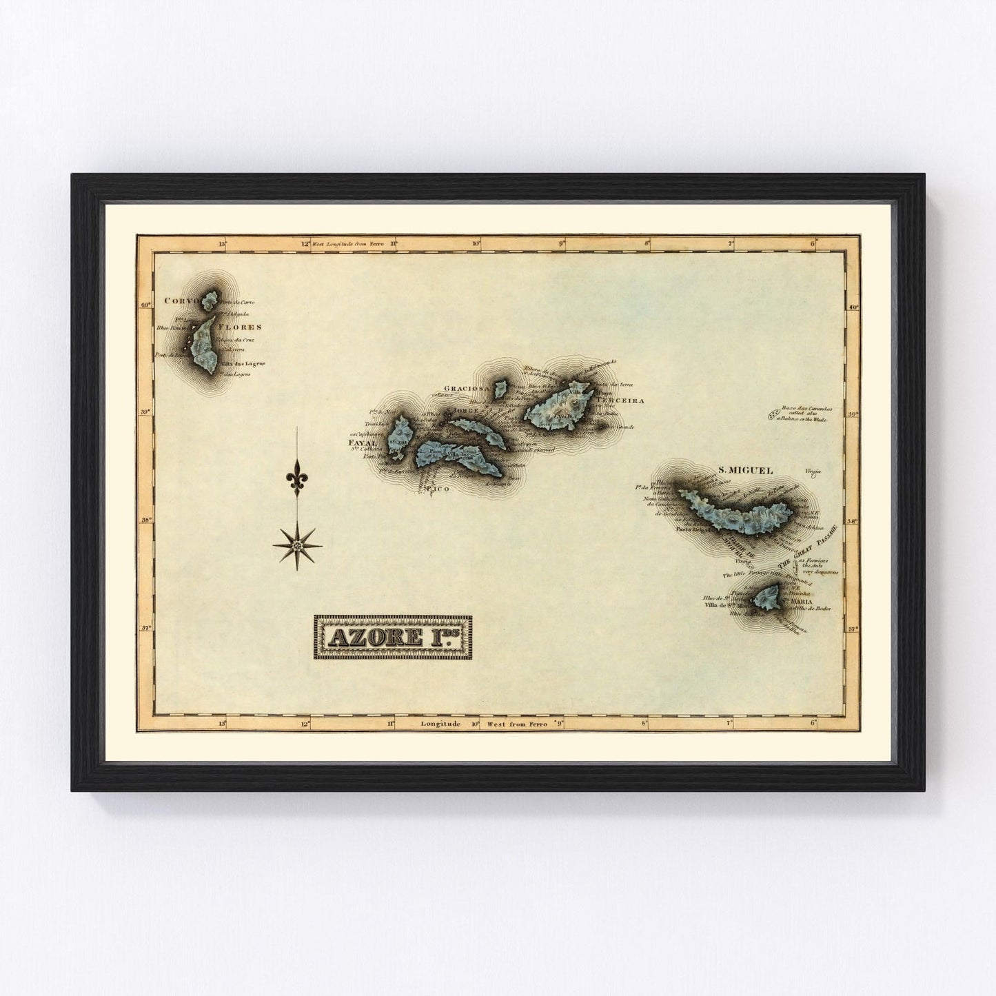 Vintage map of the Azore Islands, 1823, Portuguese archipelago