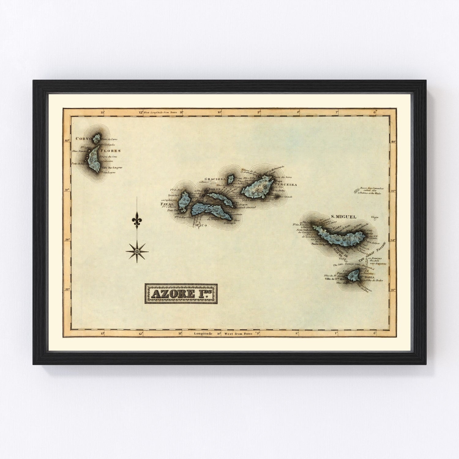 Vintage map of the Azore Islands, 1823, Portuguese archipelago