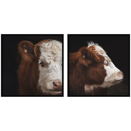 Cow close-up 2 piece framed wall art print set in black frames