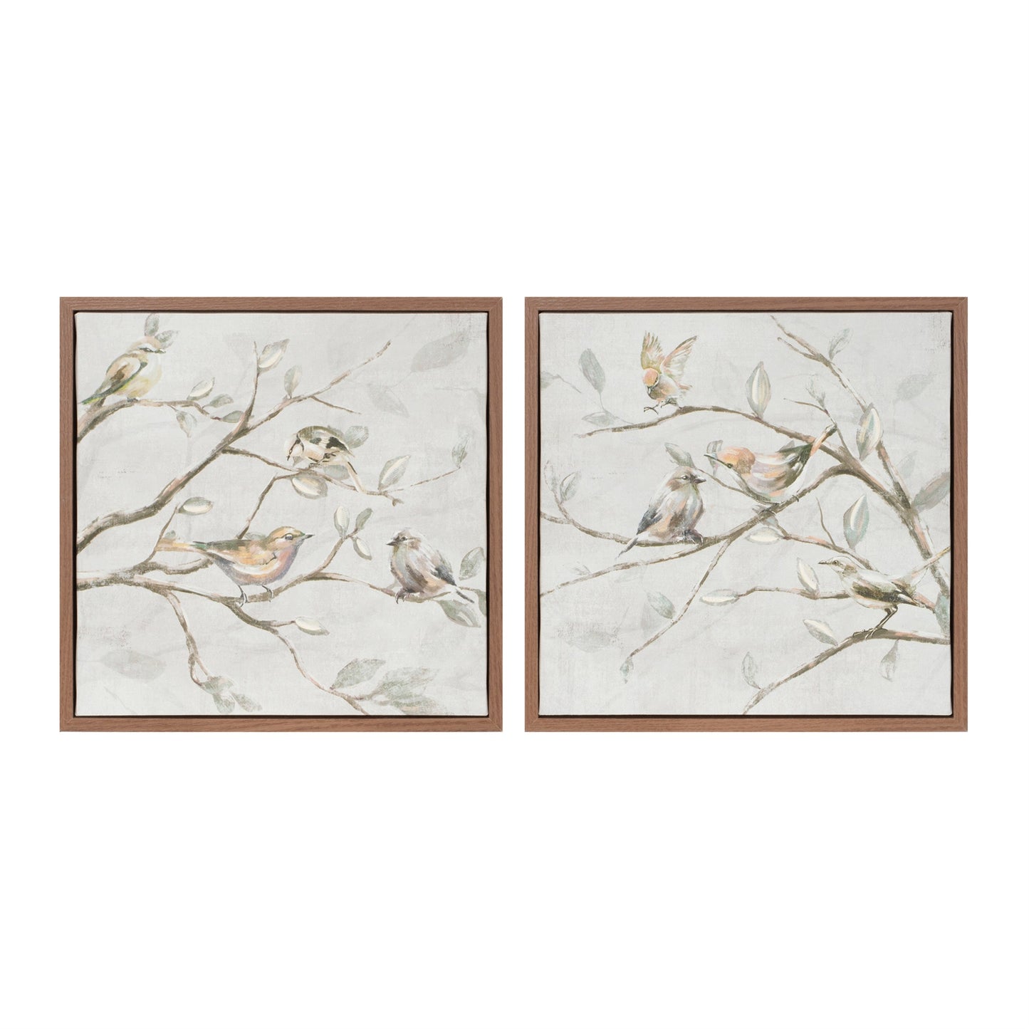 Set of two framed canvas wall art prints of birds on branches in neutral tones