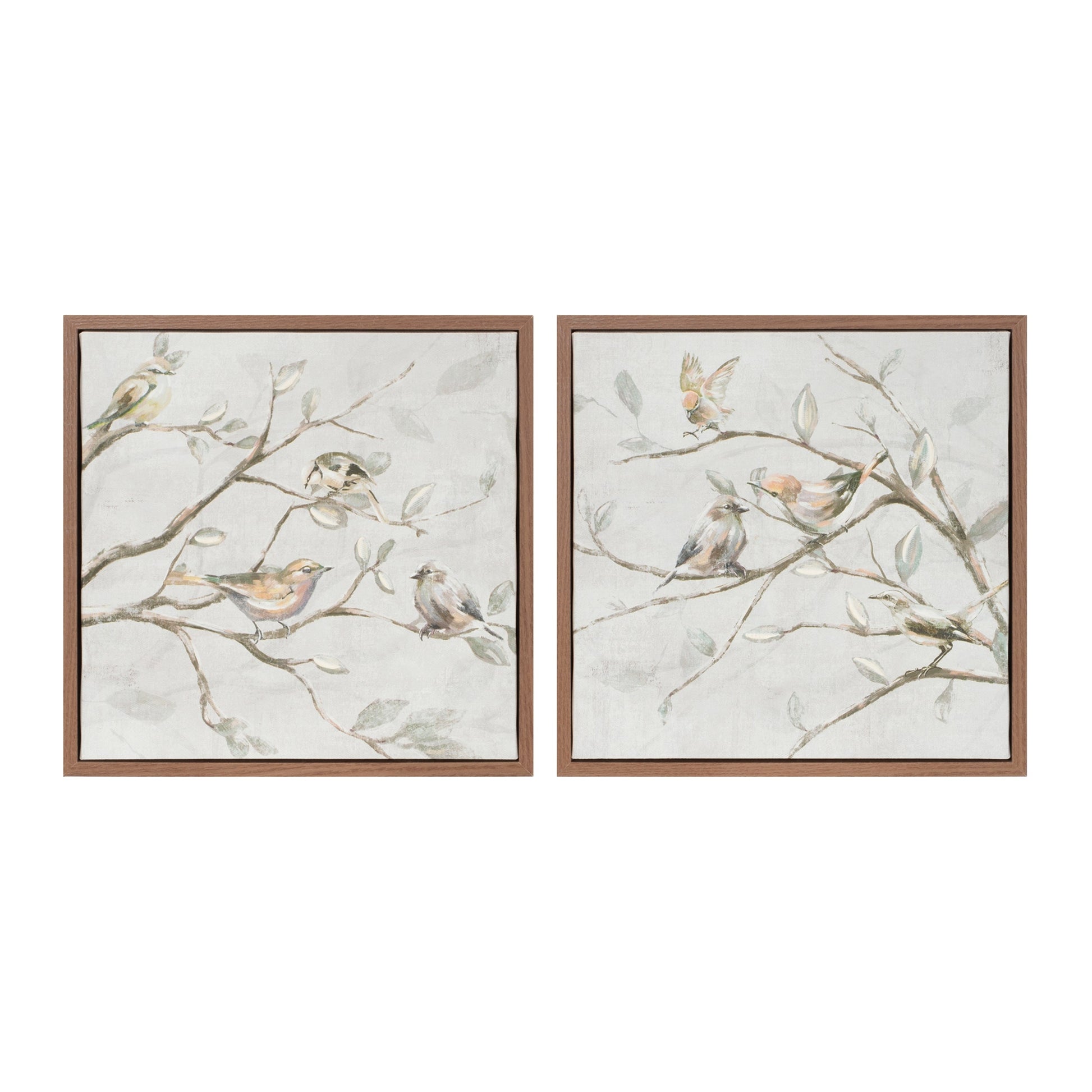 Set of two framed canvas wall art prints of birds on branches in neutral tones