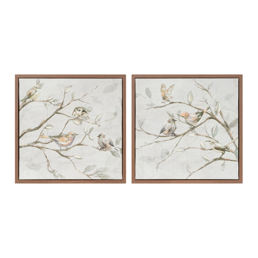 Set of two framed canvas wall art prints of birds on branches in neutral tones