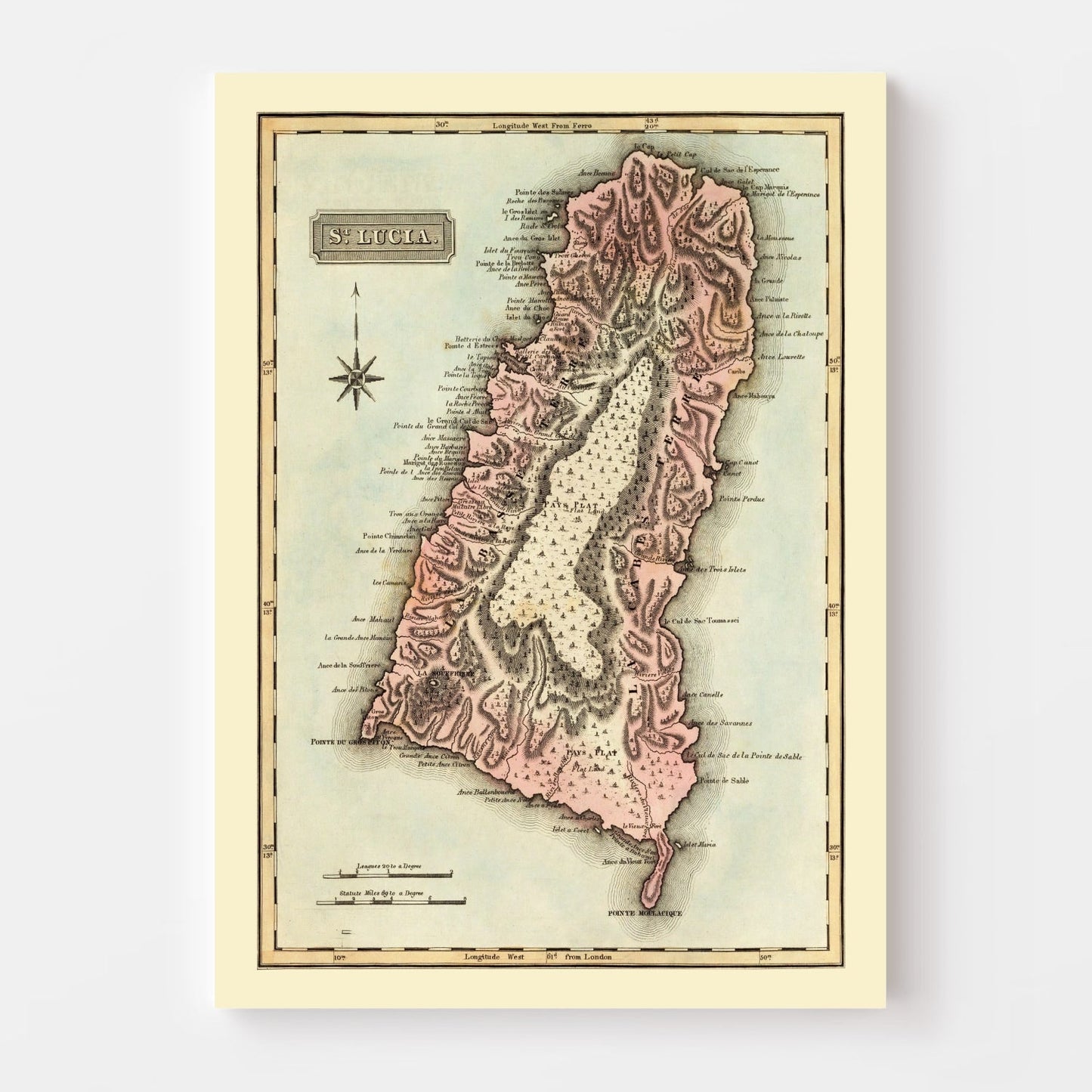 Vintage Map of St. Lucia, 1823, Wall Art