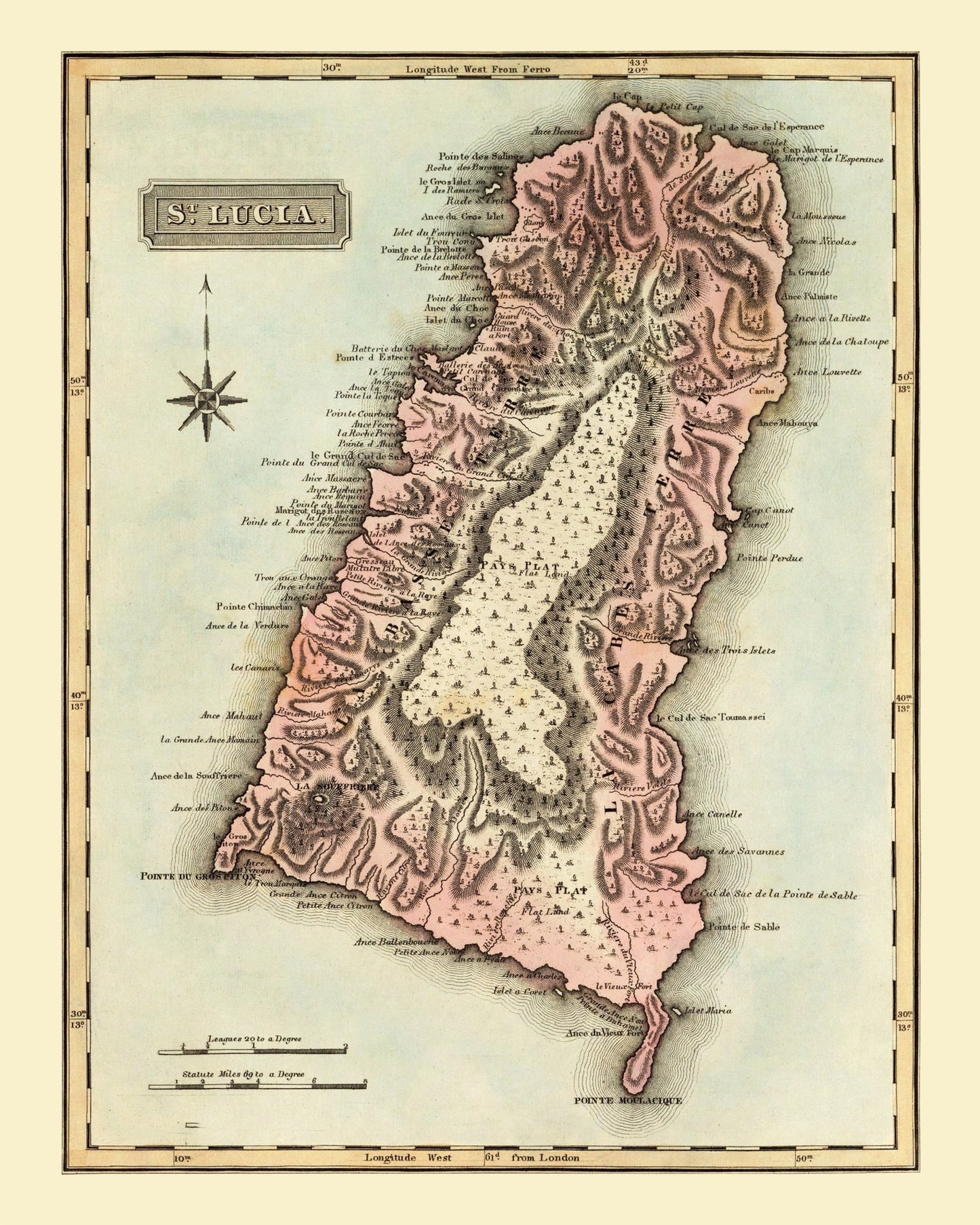 Vintage Map of St. Lucia, 1823, Wall Art