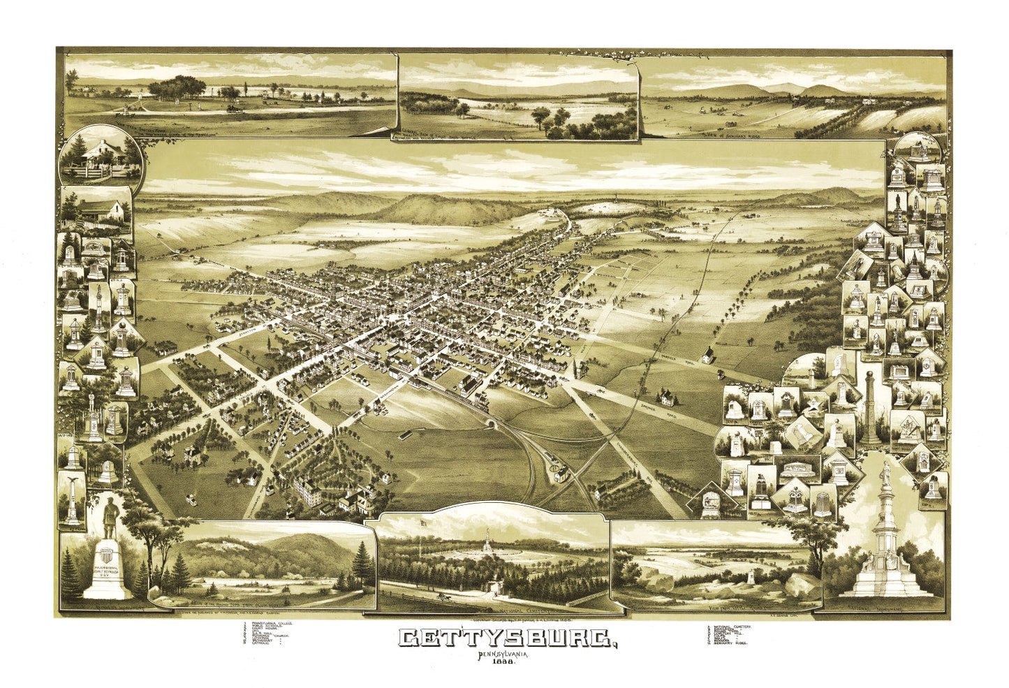 Vintage Map of Gettysburg, Pennsylvania, 1888