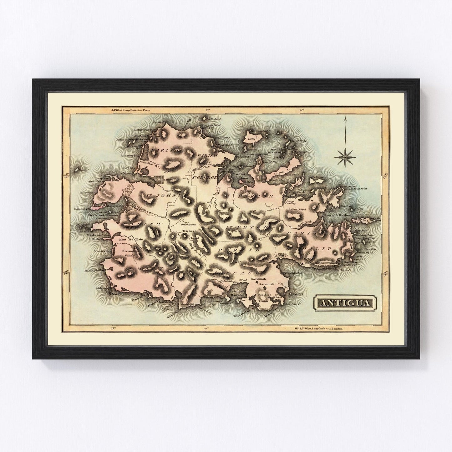 Restored vintage map of Antigua, Caribbean, 1823