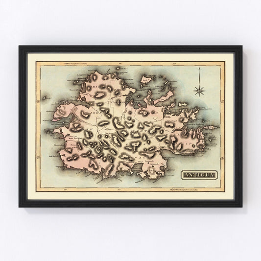 Restored vintage map of Antigua, Caribbean, 1823