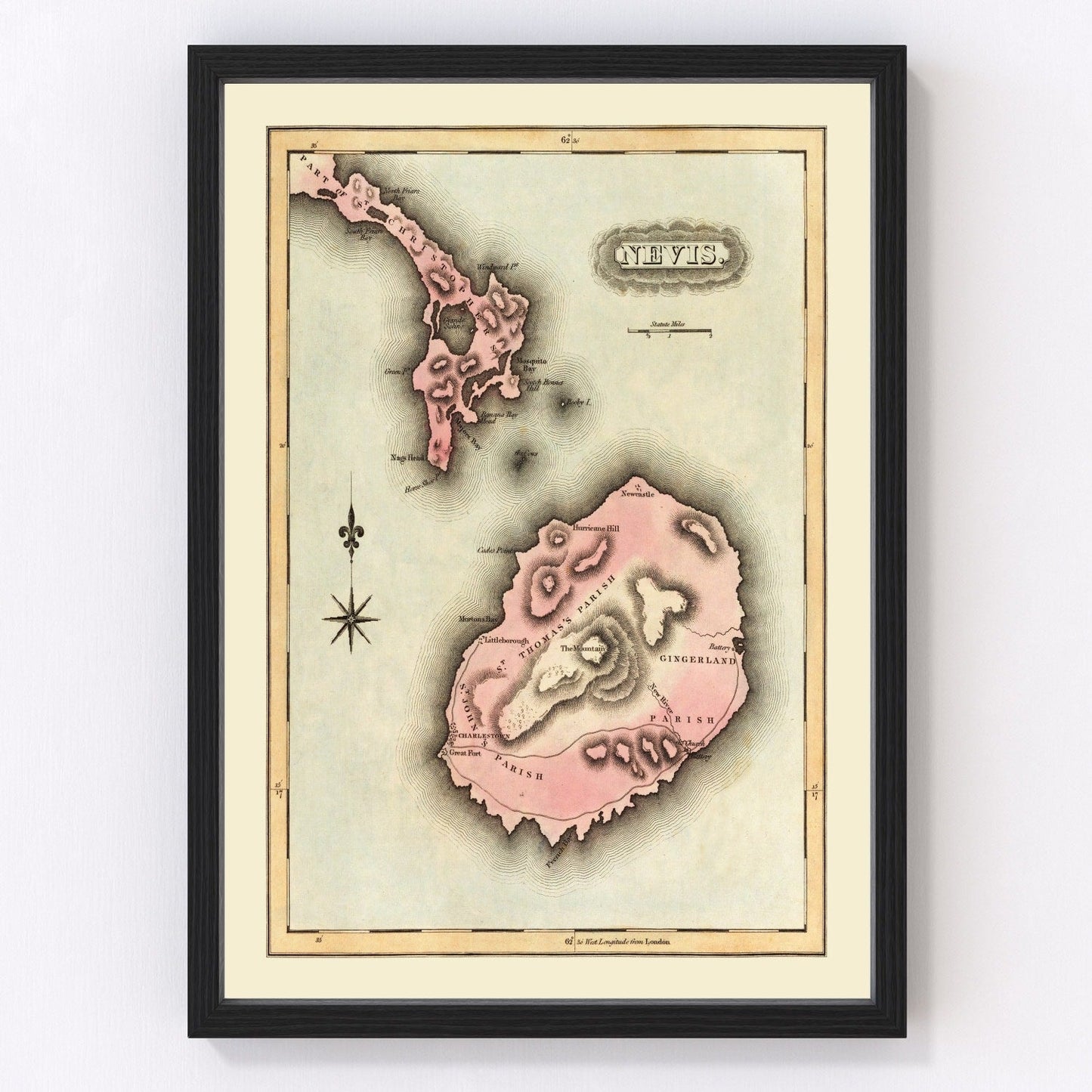 Vintage map of Nevis, Saint Kitts and Nevis, 1823