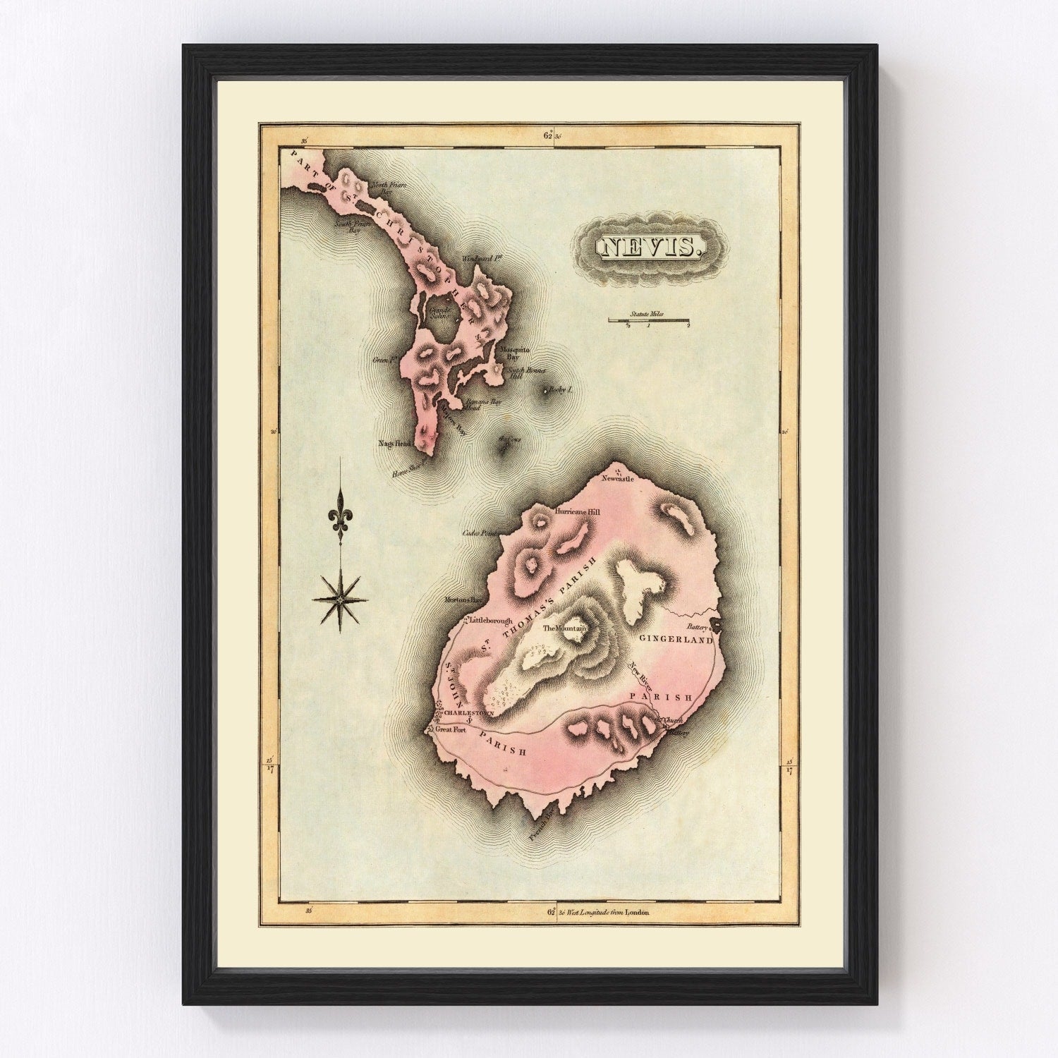 Vintage map of Nevis, Saint Kitts and Nevis, 1823