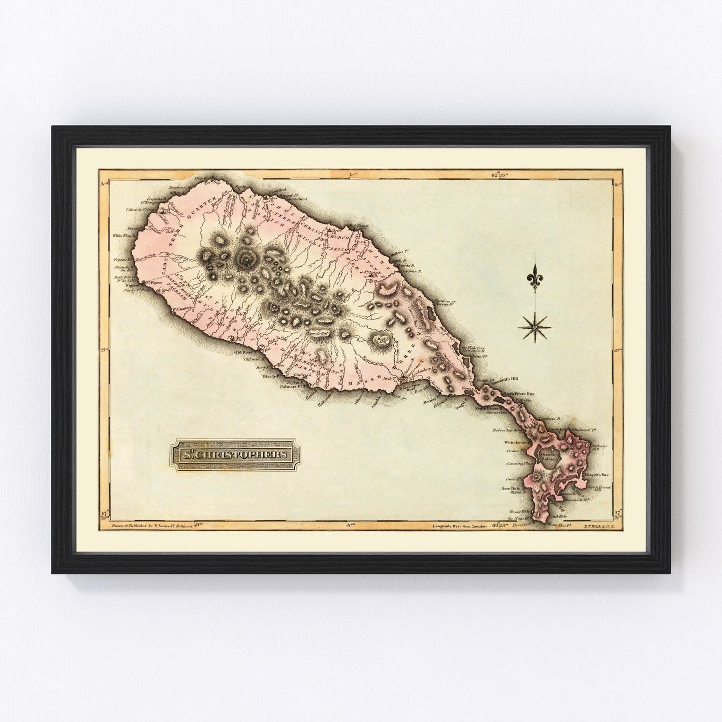 Vintage map of St. Kitts, West Indies, 1823