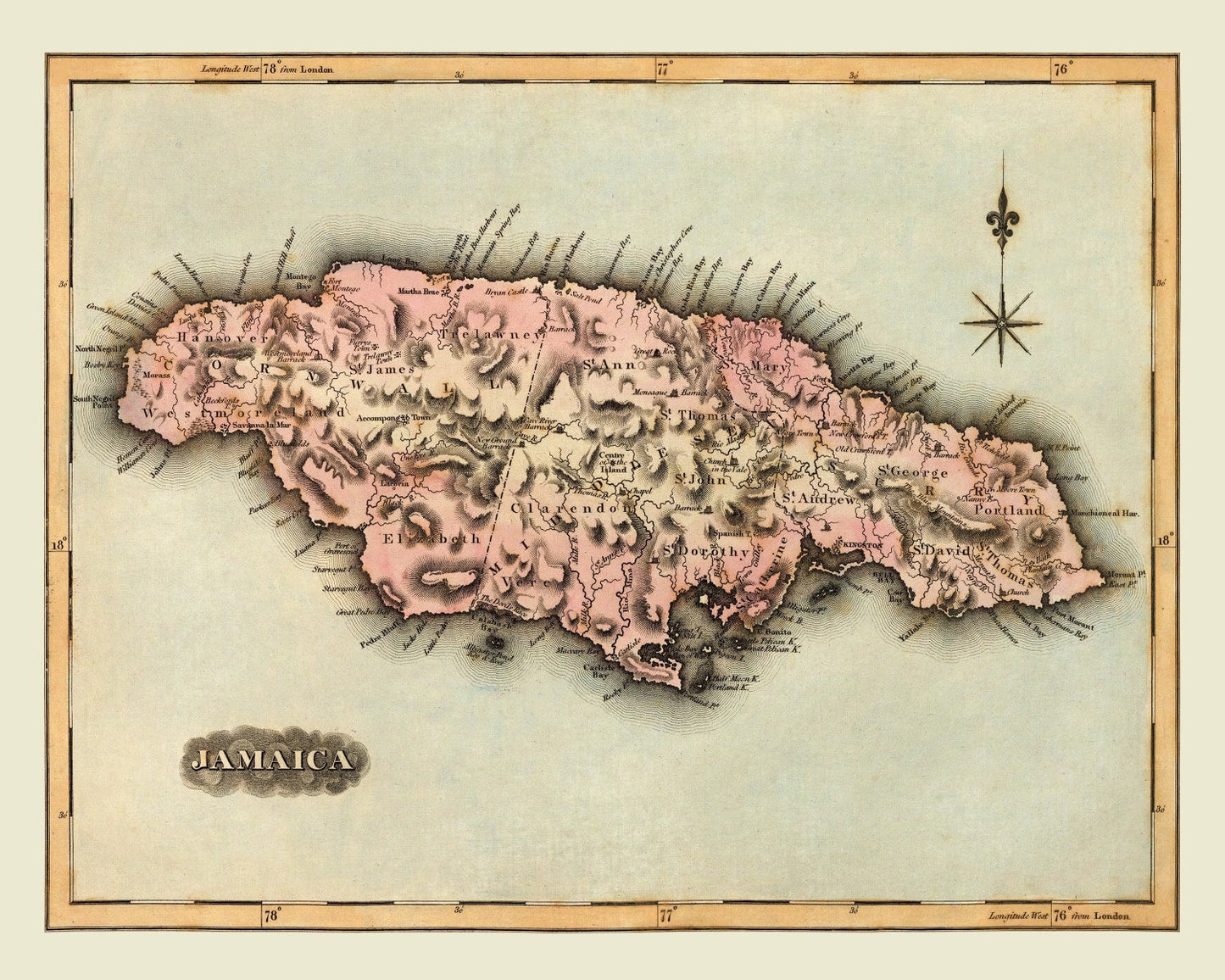 Vintage Map of Jamaica, 1823