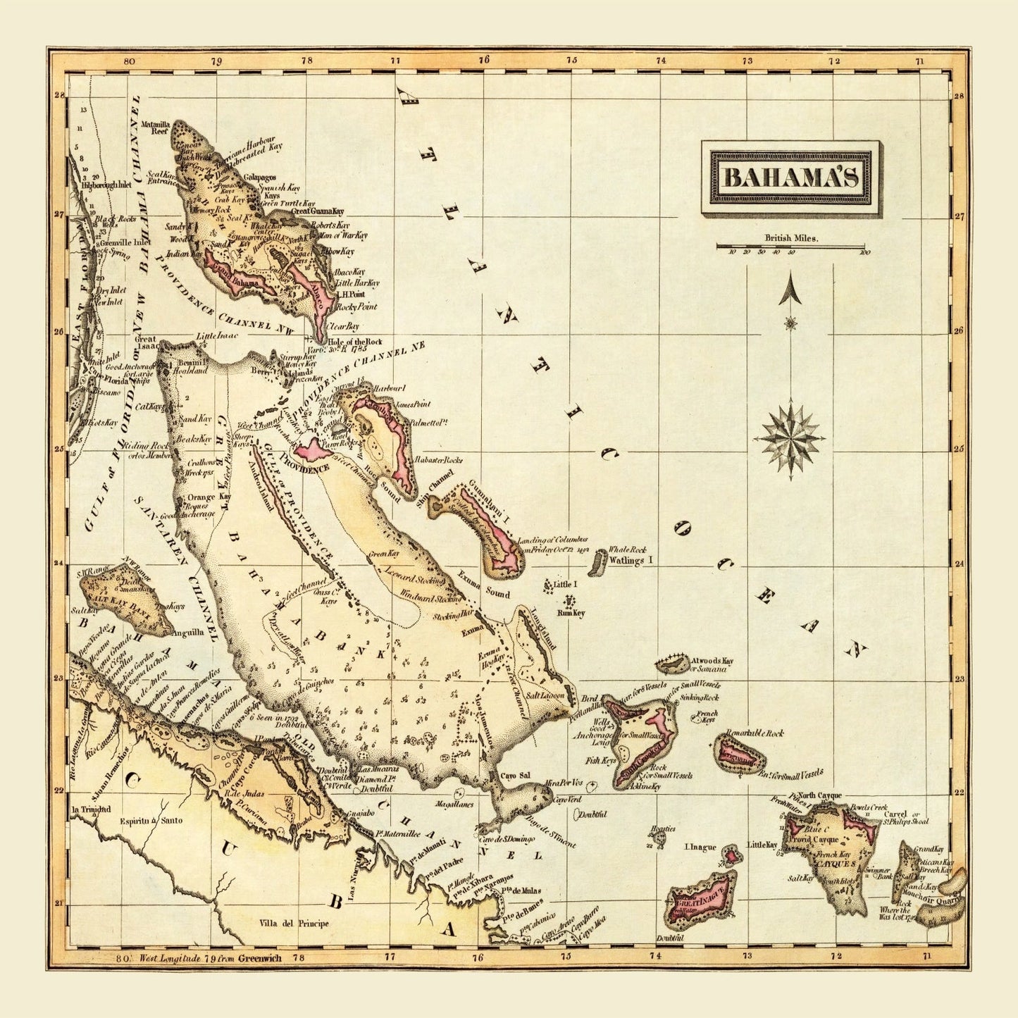 Vintage Map of the Bahamas, 1823