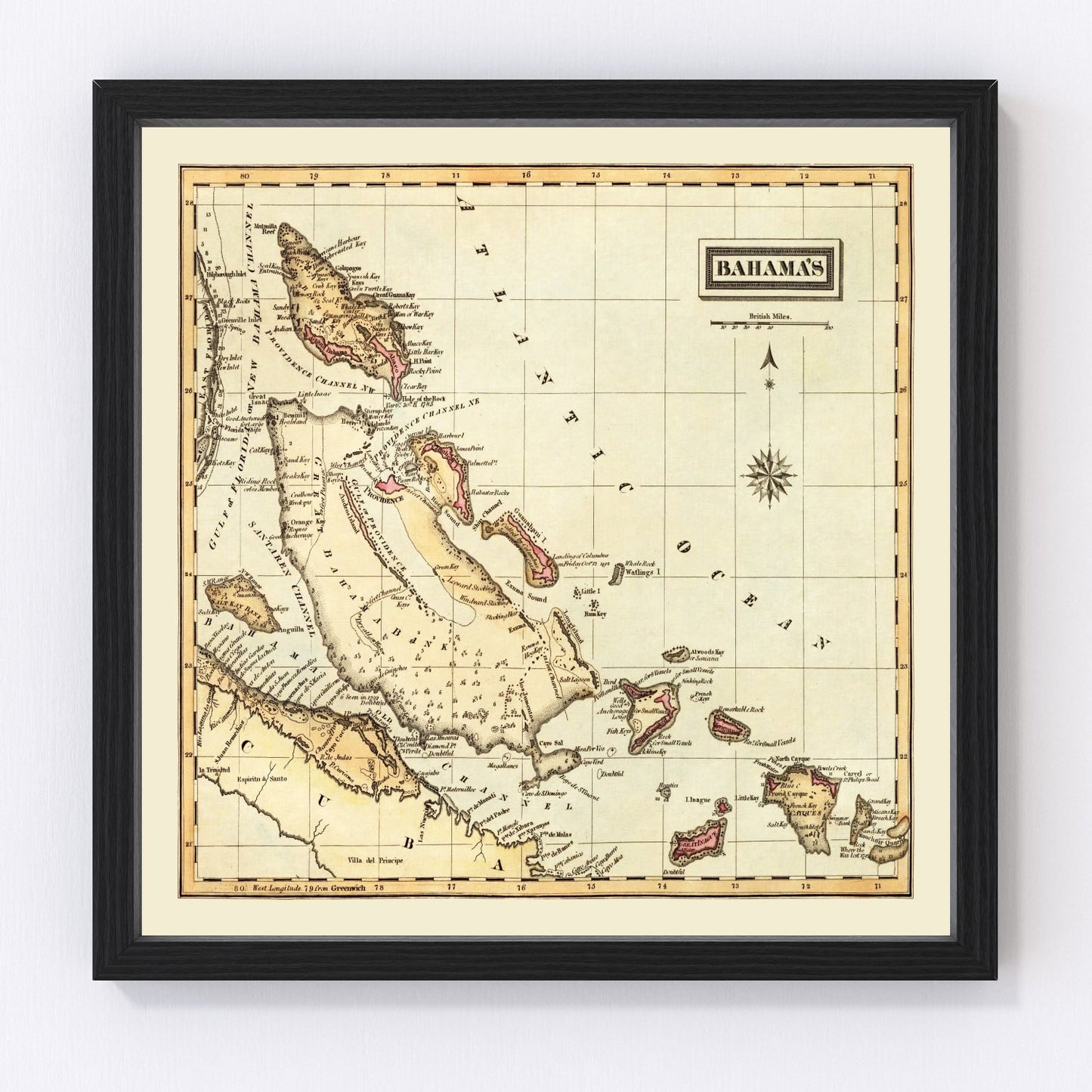 Vintage map of the Bahamas, 1823, British colonial era
