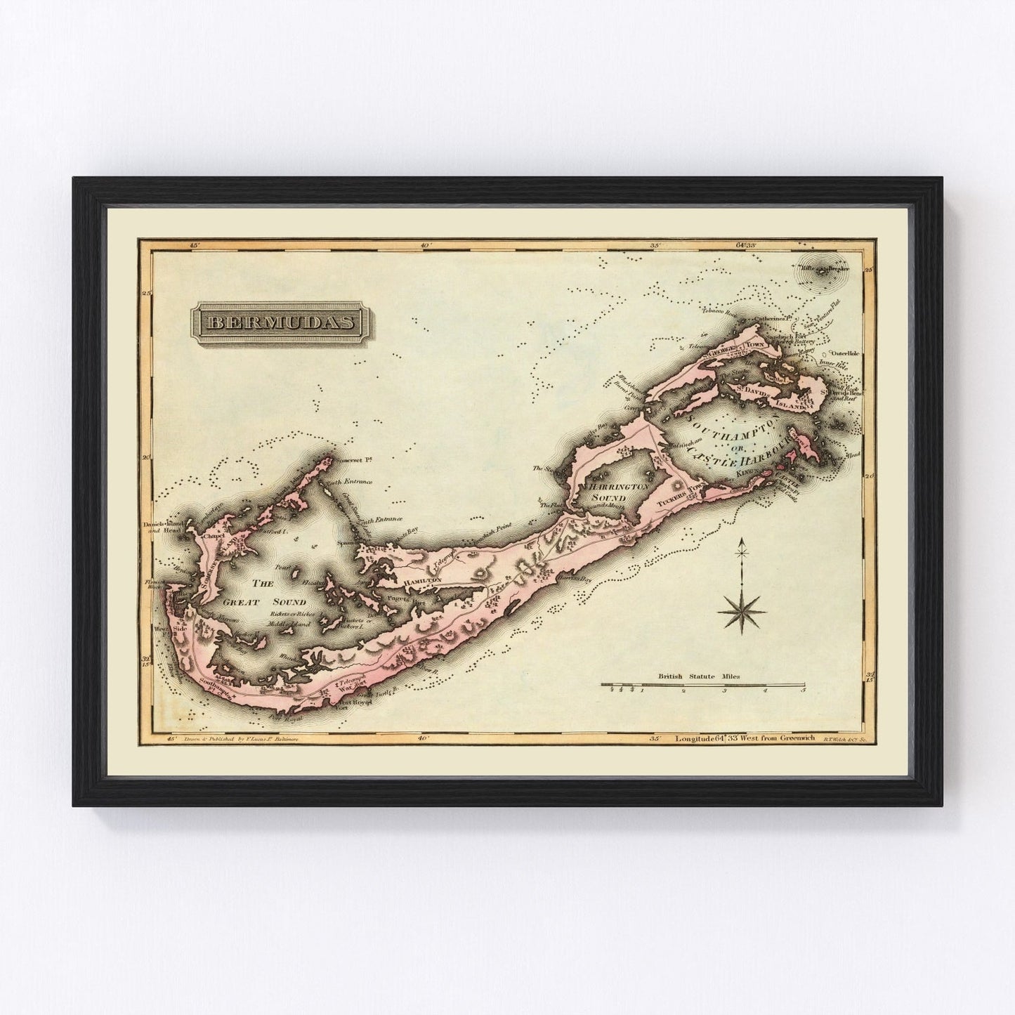 Vintage map of Bermuda, 1823, Atlantic island restored print
