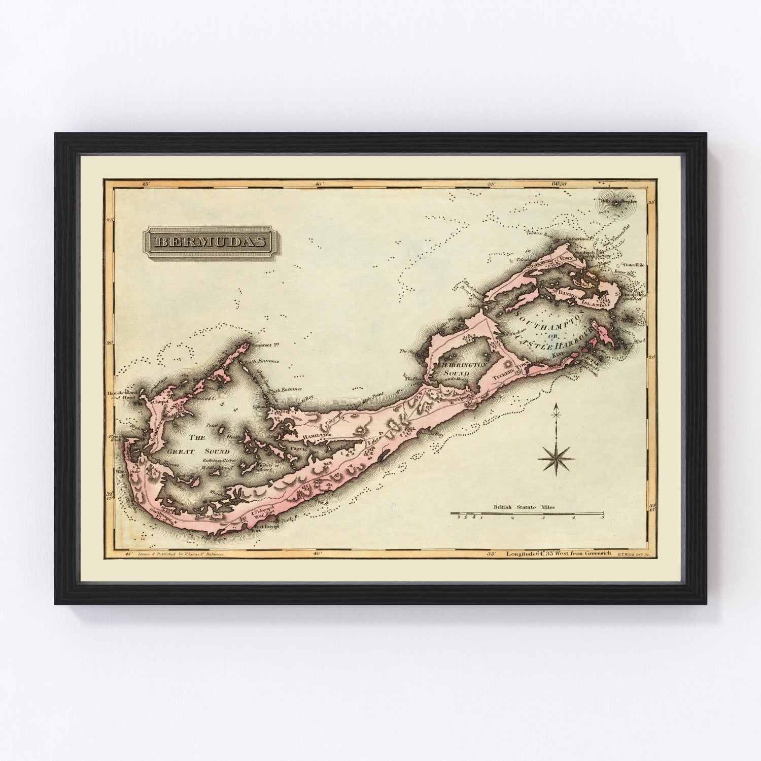 Vintage map of Bermuda, 1823, Atlantic island restored print