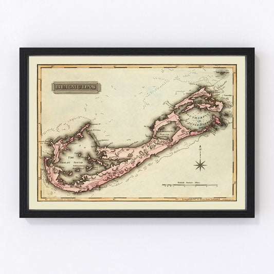 Vintage map of Bermuda, 1823, Atlantic island restored print