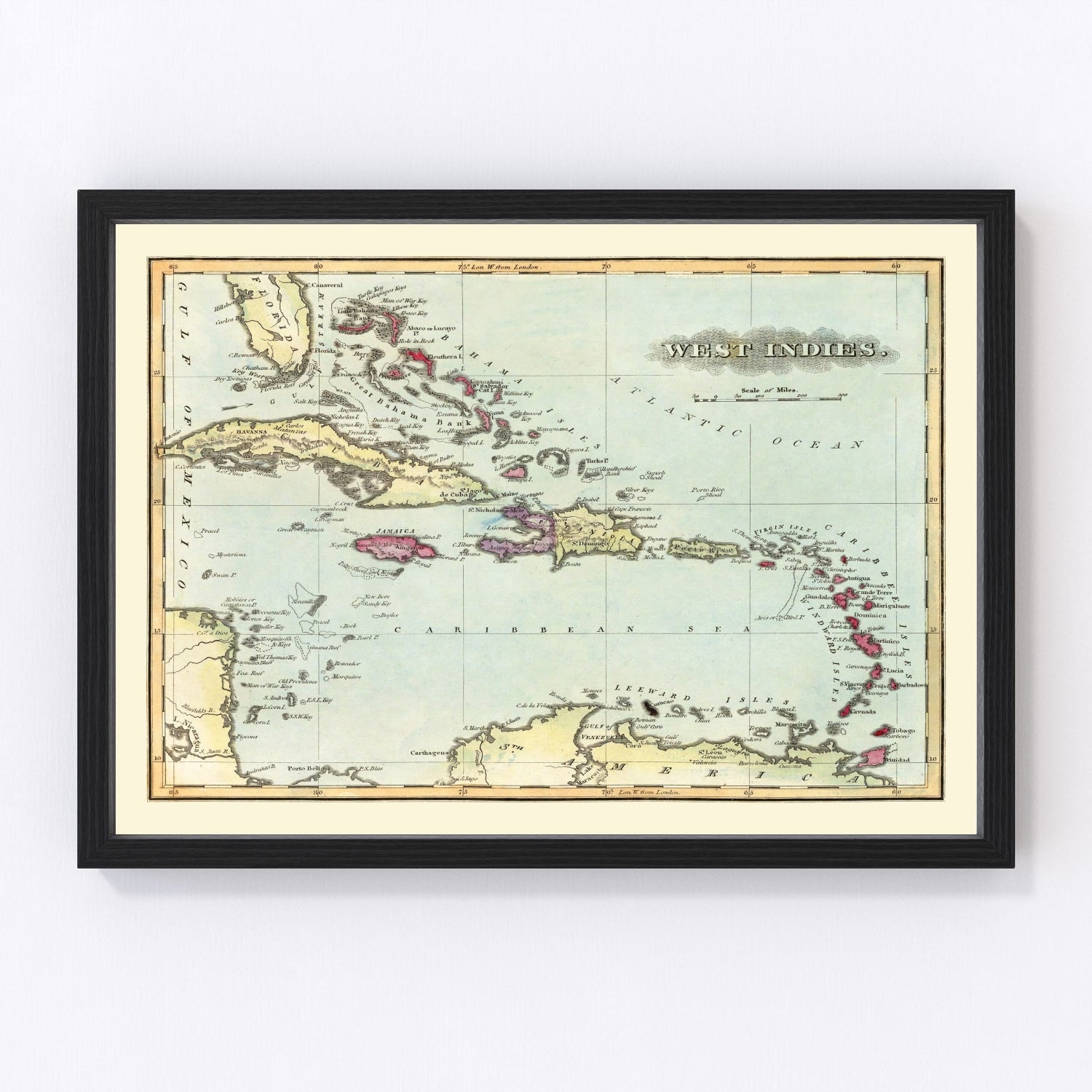 Vintage map of the West Indies, 1823, Caribbean islands and colonial sea routes