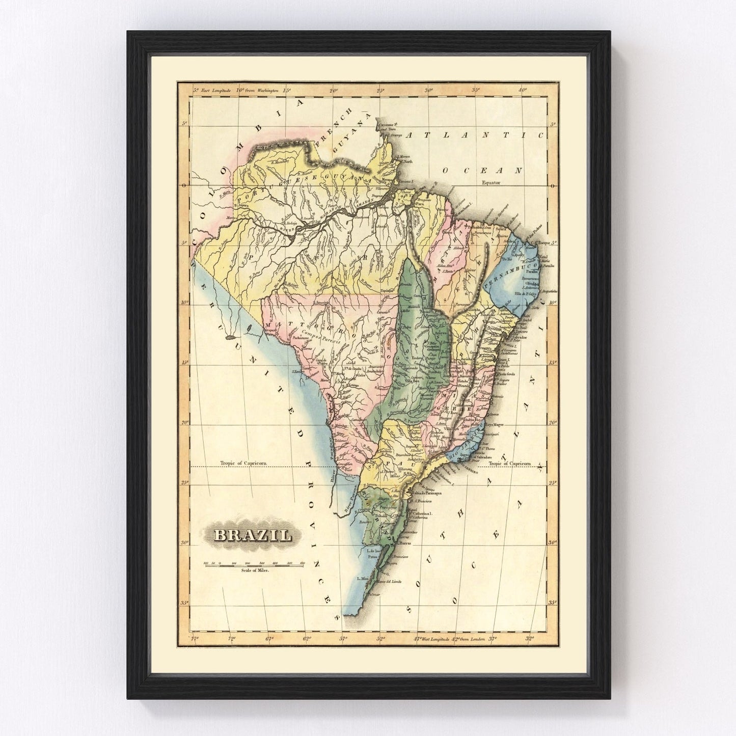 vintage map of Brazil, 1823, restored print wall art