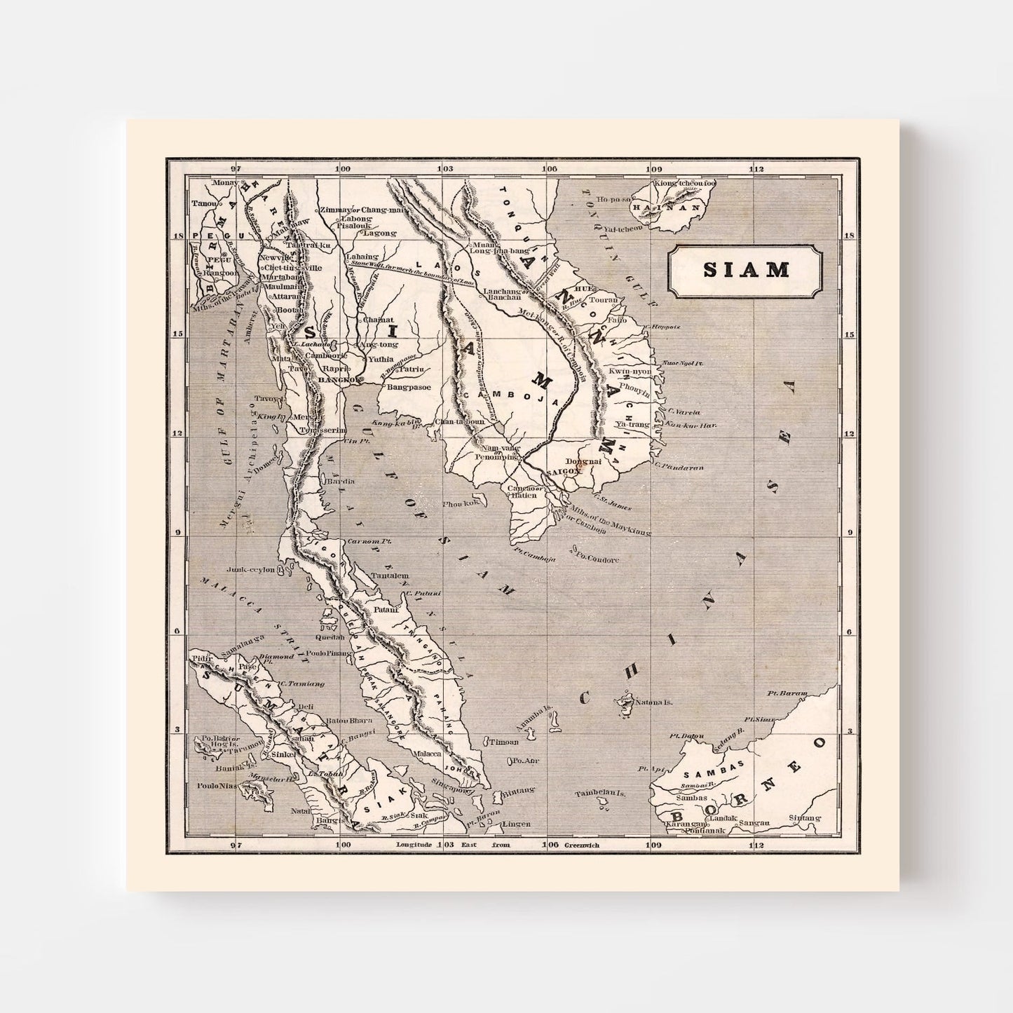 Vintage Map of Thailand, 1848