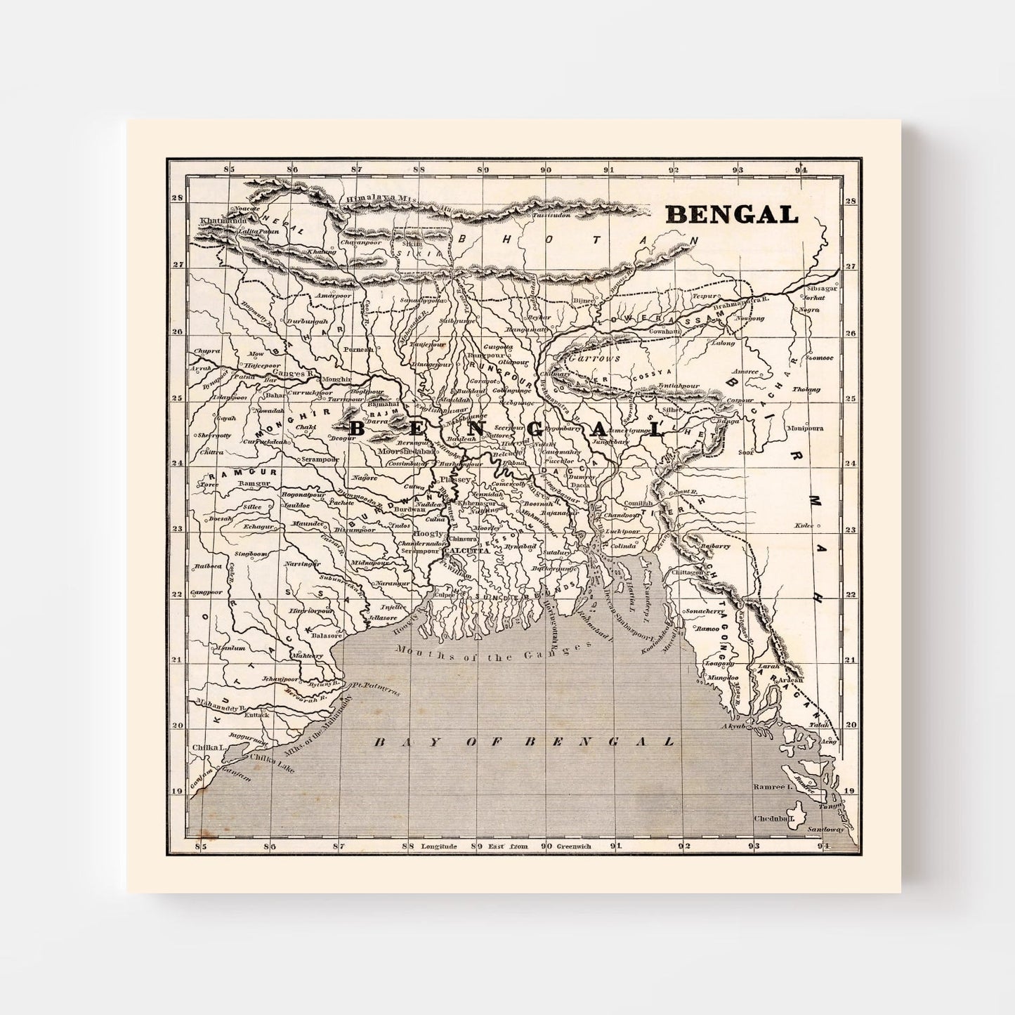 Vintage Map of Bengal, India, 1848